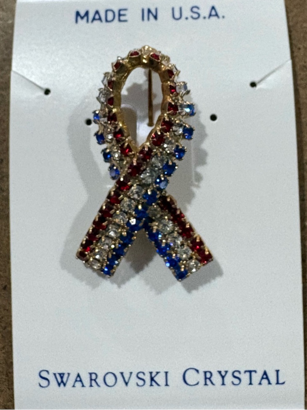 Swarovski Red, Crystal & Blue Ribbon Crystal Brooch Pin
